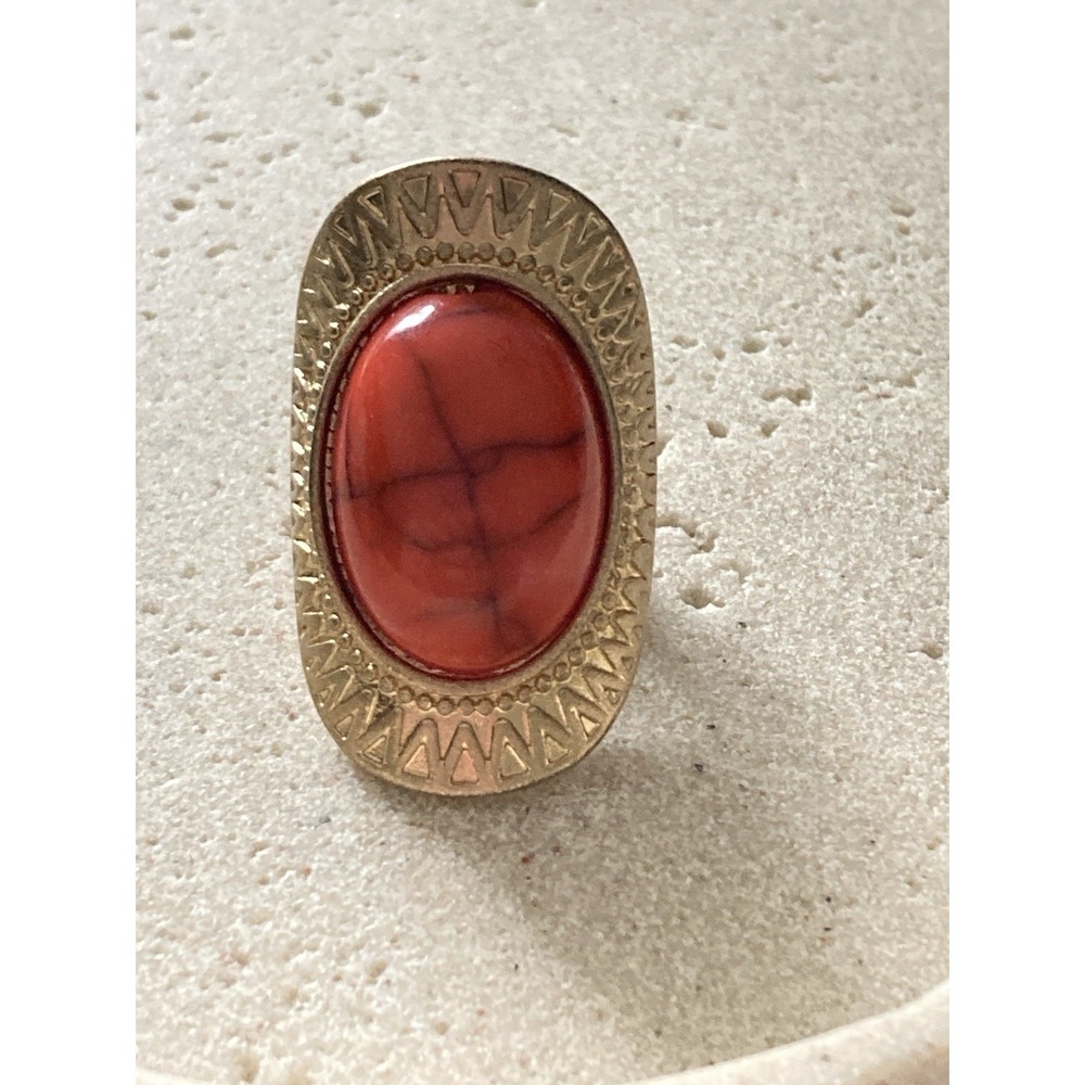 Southwestern Style Stretch Ring Size 6 Red Oval Faux Stone Egyptian Revival